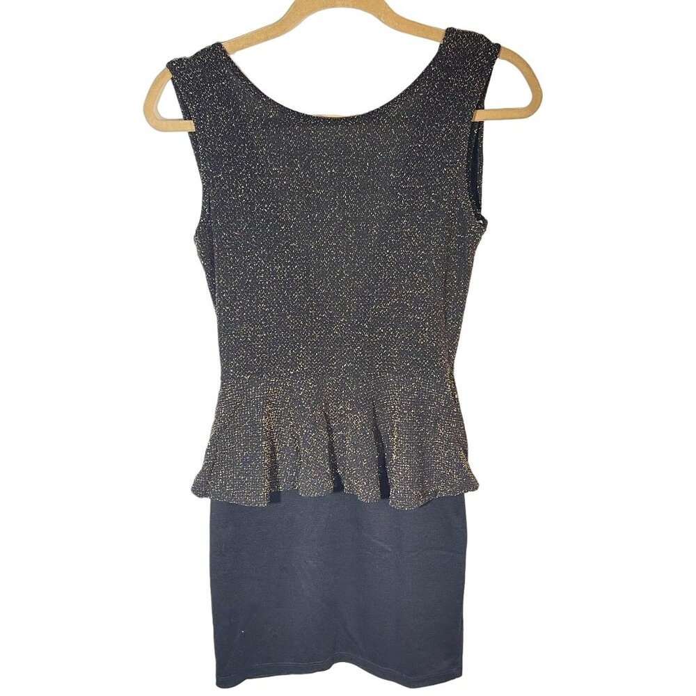 January 7 sleeveless dress bling black gold v-back sheer ruffle USA medium READ